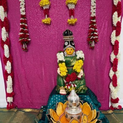 Complete Varalakshmi Ammavaru Doll, Face & Floral Pooja Set
