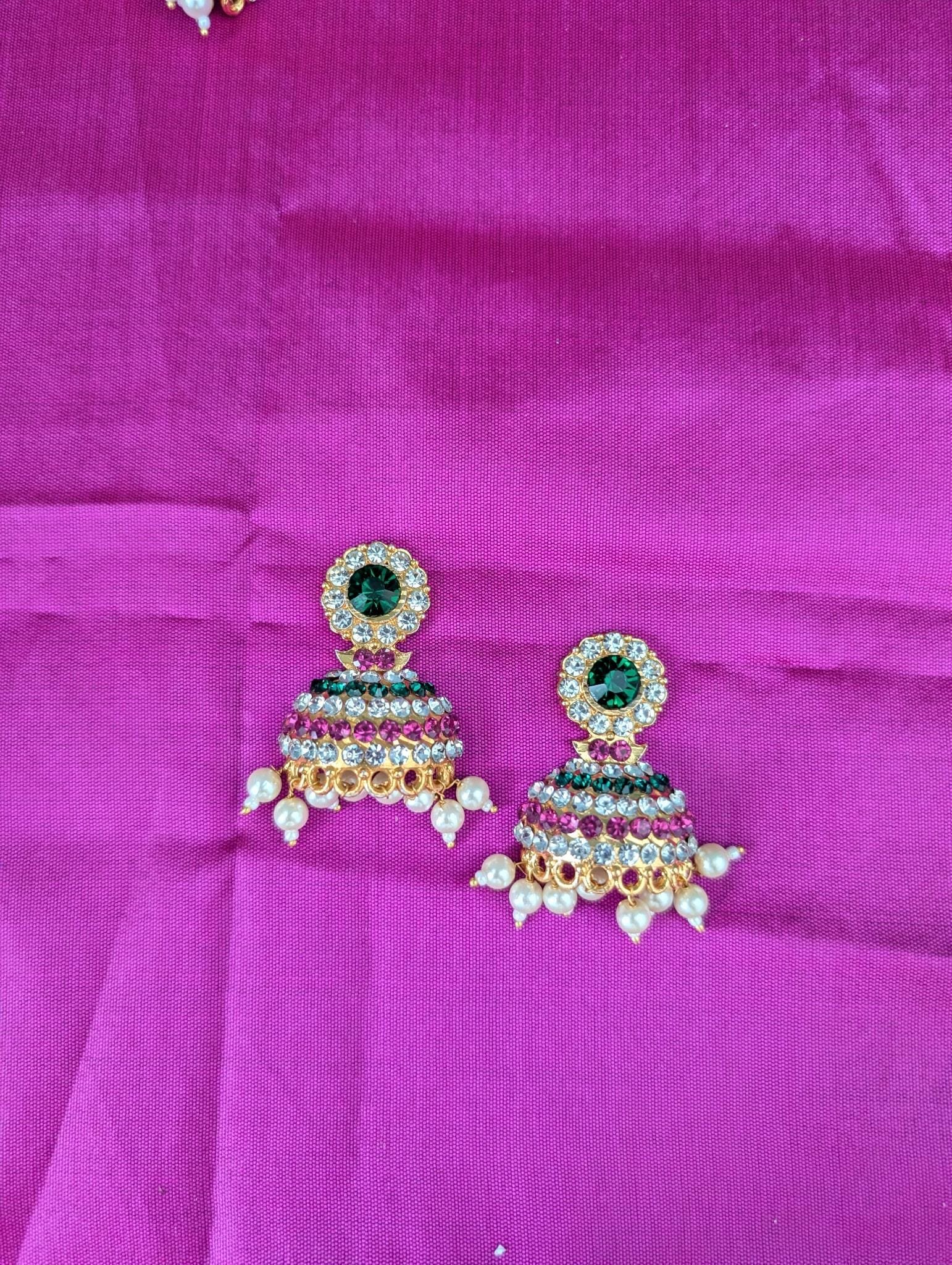 Stone-Studded Mango & Peacock Jhumka Earrings for Deity Idols